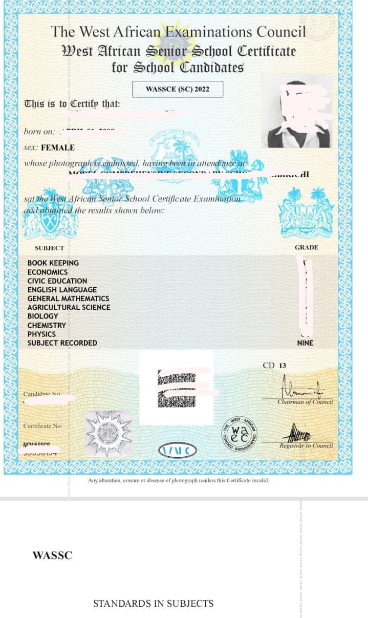 WAEC ORIGINAL CERTIFICATE