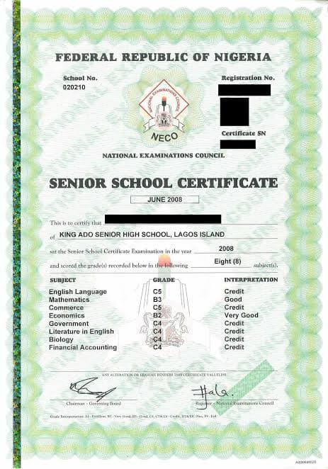 NECO ORIGINAL CERTIFICATE
